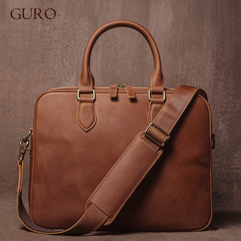 Luxury Bags For Men - GURO Men Crazy Horse Cowhide กระเป๋าเอกสารหนังแท้กระเป๋าถือน้ําหนักเบากระเป๋าสะพายแฟ้มแล็ปท็อปกระเป๋า