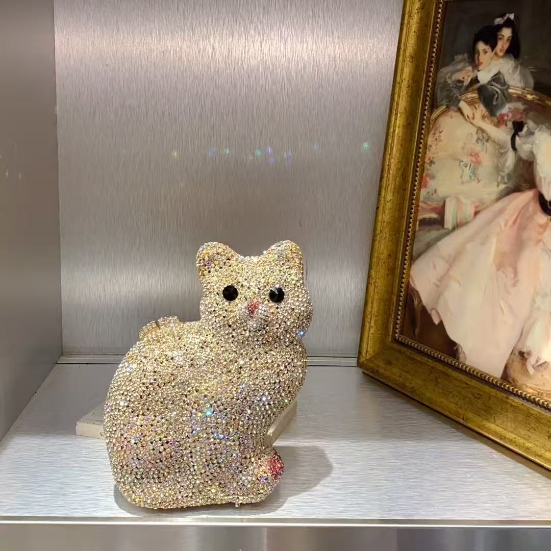 Luxury Bags Cute - กระเป๋าถือรูปแมวน่ารักสีทองสำหรับผู้หญิง กระเป๋าคลัทช์เพชรคริสตัลสำหรับงานแต่งงาน กระเป๋ากลิตเตอร์หรูหราสำหรับงานกลางคืน กระเป๋าสะพายไหล่